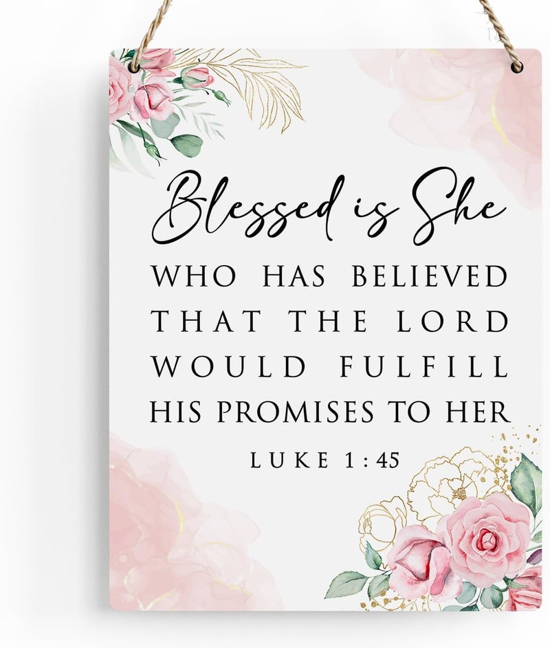 BELLOWDEER Inspirational Bible Verse Wall Art Decor Pink Luke 1:45 Christian Gifts for Women Scripture Wooden Hanging Sign for Modern Home Office Kids Room Bathroom Bedroom Wall Art Decoration 8 x 10 Inches - Image 1